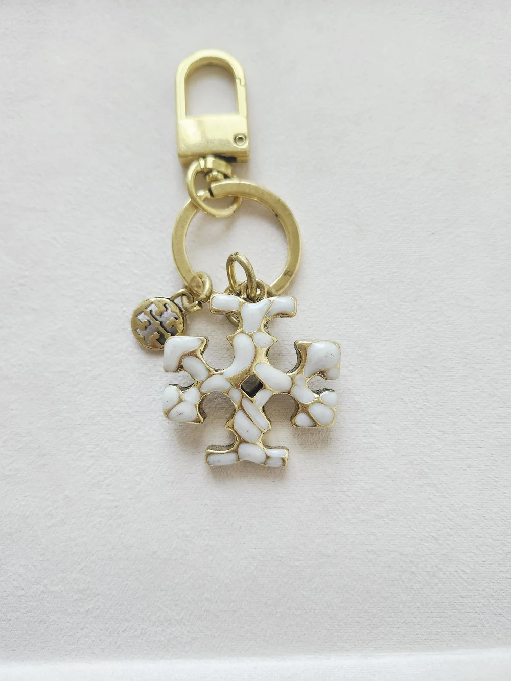 Tory Burch Gold Tone Logo Bag Charm Keychain Ivory Enamel